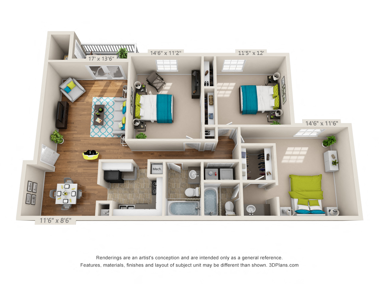 Floor plan for 3 beds, 2 baths, 1256 sqft